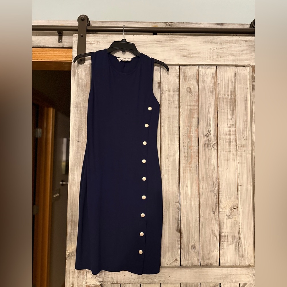 Blue Sleeveless Sheath Midi Dress Mock Neck Cocktail